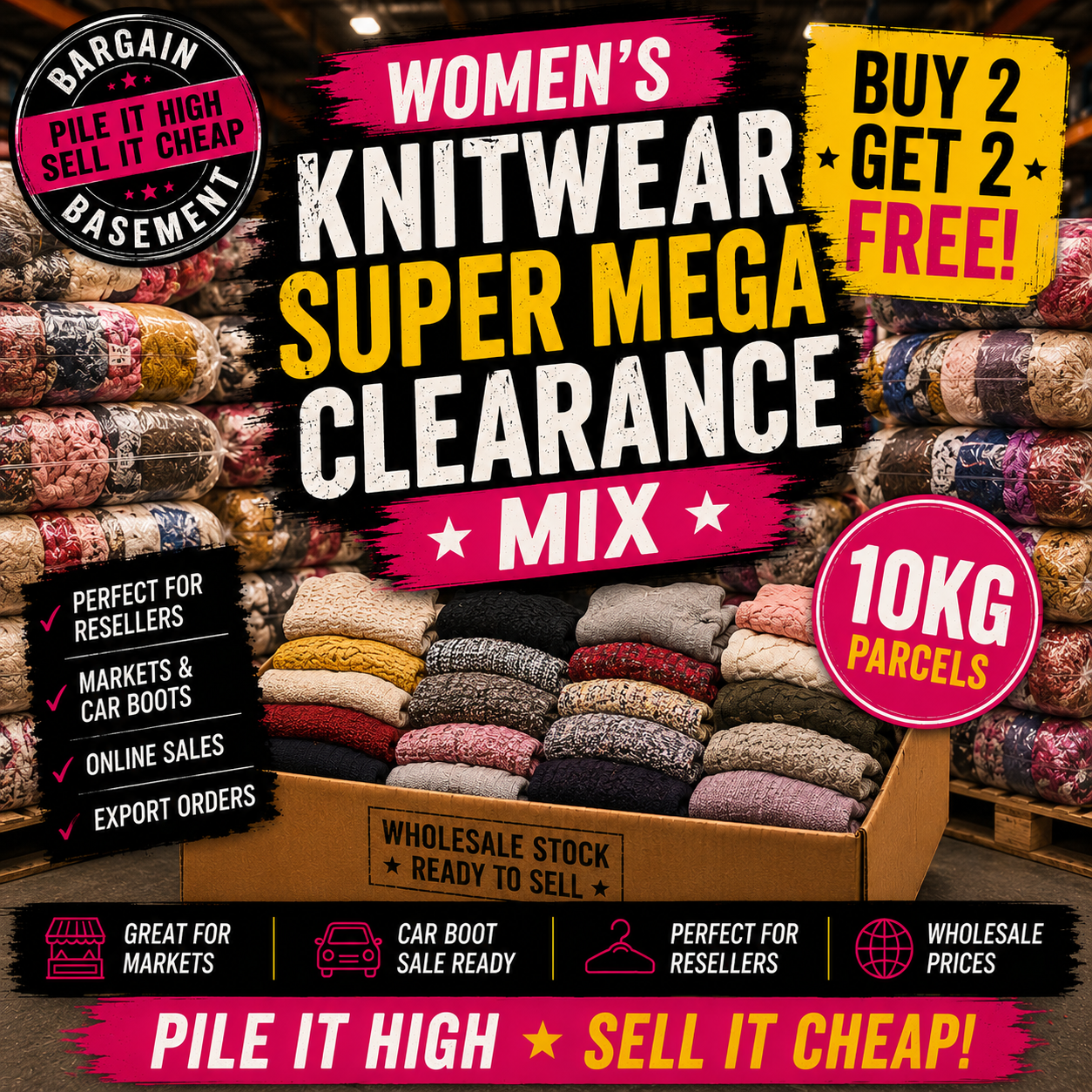 Promotional poster for women's knitwear clearance sale with text and images of knitted items.