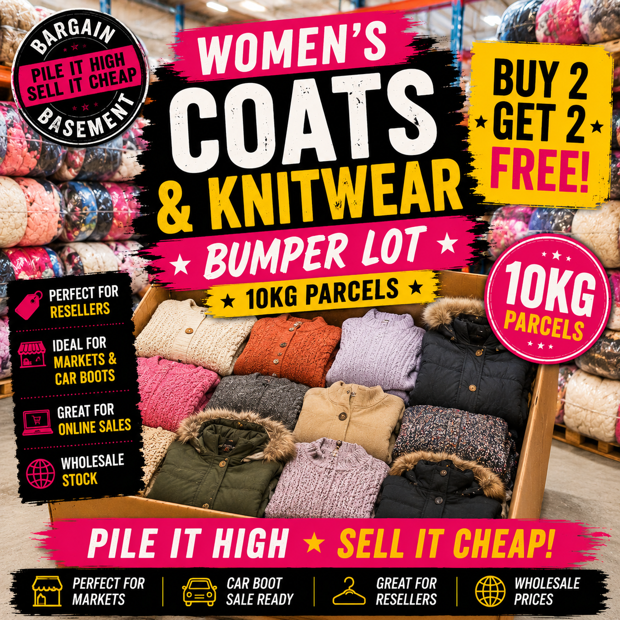 Display of women's coats and knitwear with promotional text and graphics.