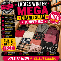 Promotional image of a 'Ladies Winter Mega Grand Slam Bumper Mix' with clothing items and text about wholesale stock and deals.