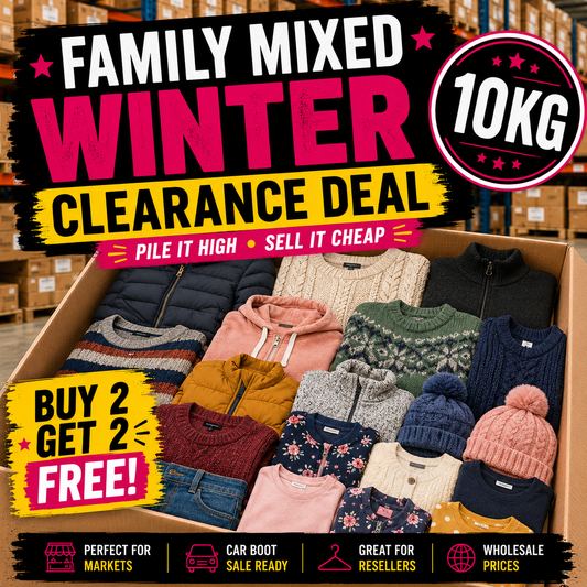 Promotional image of a box filled with winter clothing with text about a clearance sale.