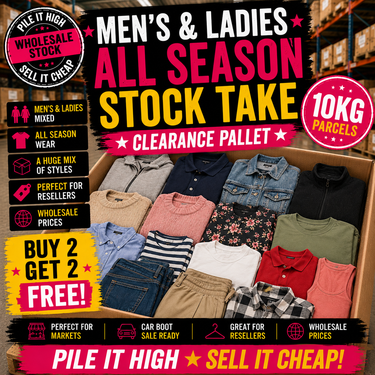 Promotional image of a clearance pallet with clothing for men and women, featuring text about stock take and clearance prices.