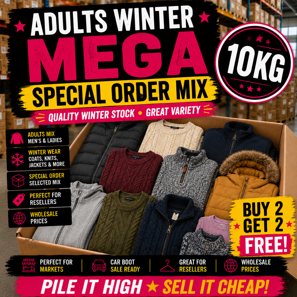 Promotional image of a box containing winter clothing with text highlighting a special order mix offer.