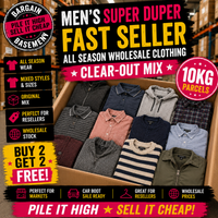 Box of men's clothing with promotional text for a wholesale clothing sale.