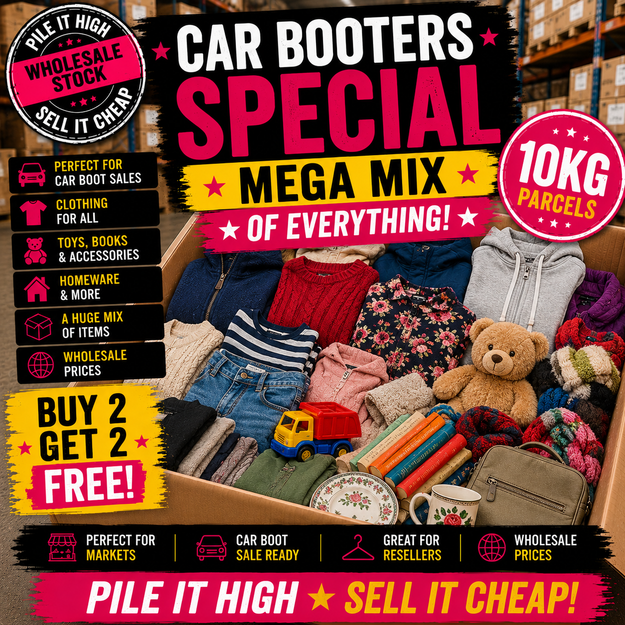 Promotional image for car booters with text and a box of assorted items.