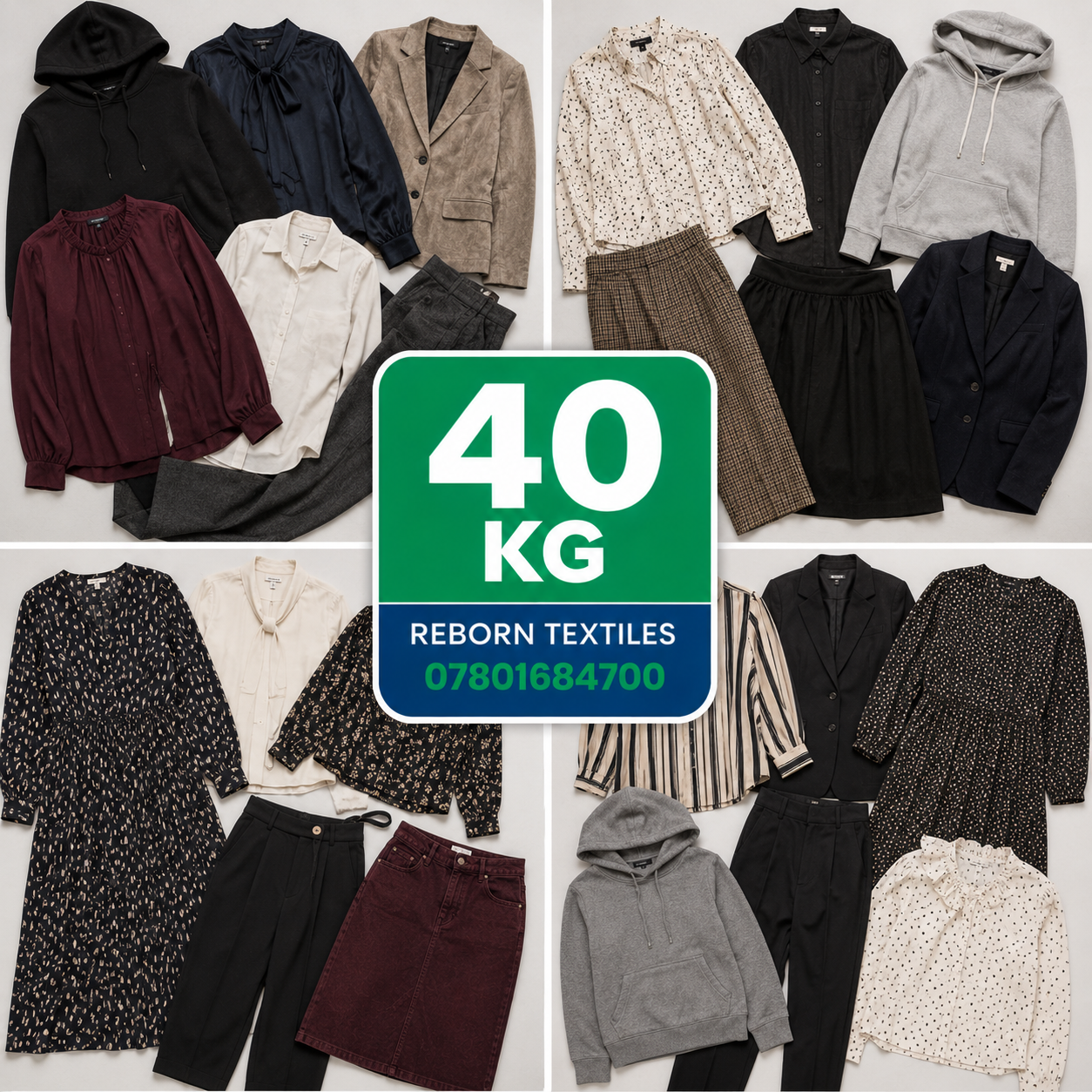 A collage showing multiple folded clothing items laid out on a light background, with a large green and blue sign in the center reading '40 KG' and 'REBORN TEXTILES 07801684700'. The garments include hoodies, blazers, shirts, trousers, shorts, and dresses in black, navy, gray, beige, white, and burgundy tones.
